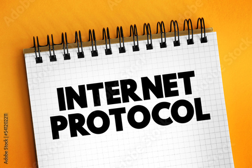 Internet Protocol - network layer communications protocol in the Internet protocol suite for relaying datagrams across network boundaries, text concept on notepad photo