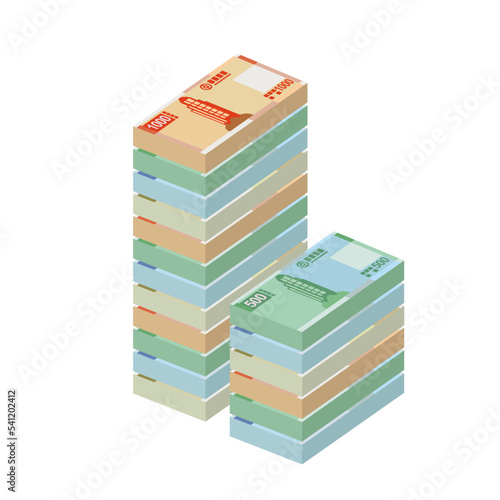 Macau Pataca Vector Illustration. Chinese money set bundle banknotes. Paper money 1000, 500, 100, 50 MOP. Flat style. Isolated on white background. Simple minimal design.