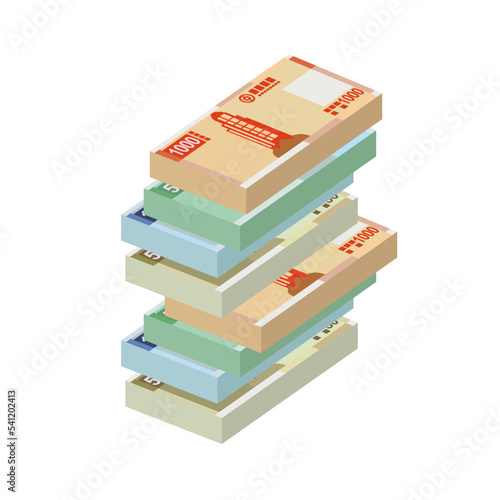 Macau Pataca Vector Illustration. Chinese money set bundle banknotes. Paper money 1000, 500, 100, 50 MOP. Flat style. Isolated on white background. Simple minimal design.