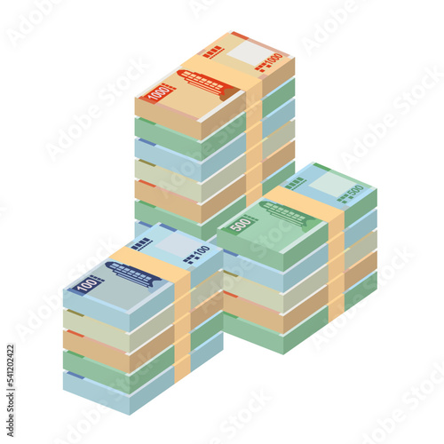 Macau Pataca Vector Illustration. Chinese money set bundle banknotes. Paper money 1000, 500, 100, 50 MOP. Flat style. Isolated on white background. Simple minimal design.