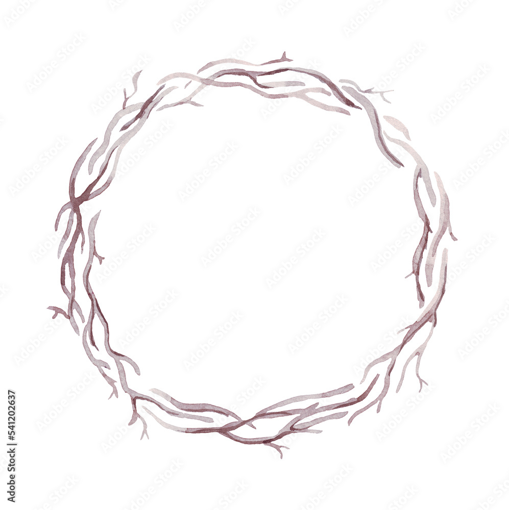 Twig wreath. Watercolor clipart. Hand-painted illustration