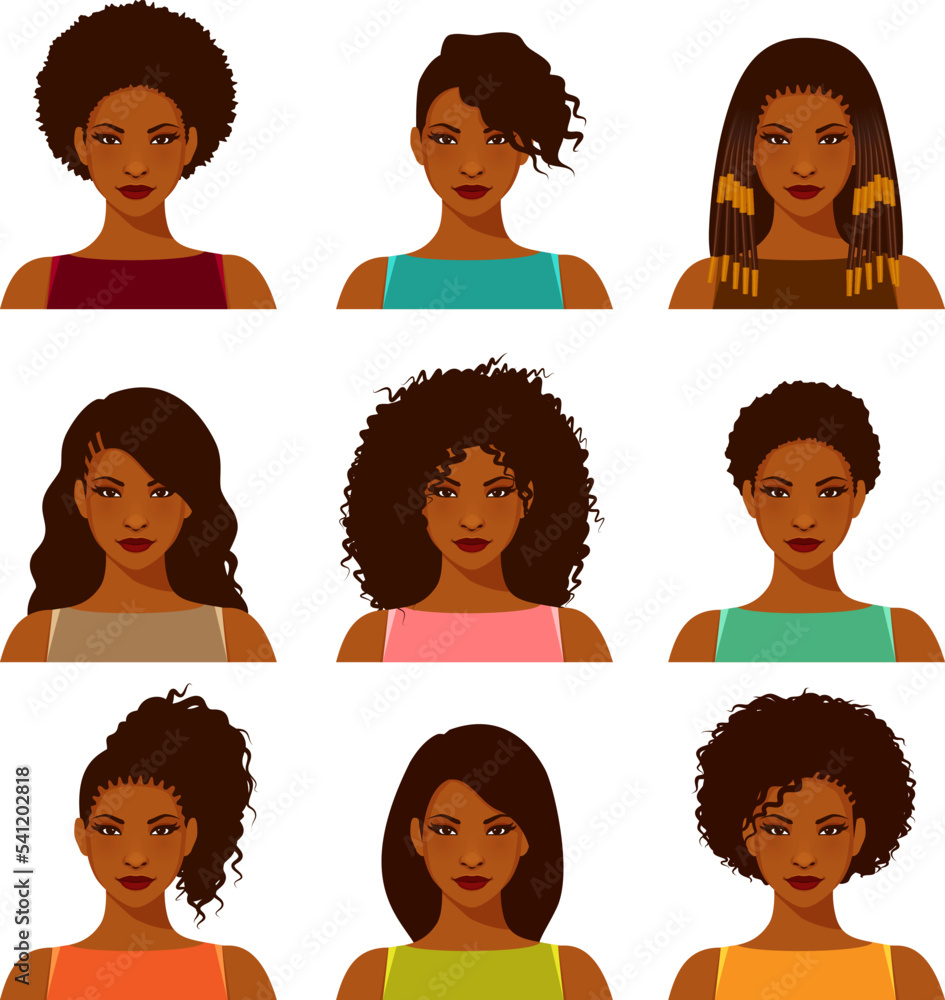 beautiful African American woman with various hairstyles. Portrait of a ...