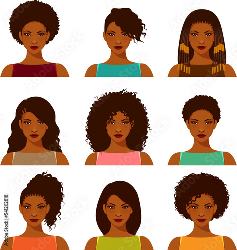 beautiful African American woman with various hairstyles. Portrait of a young black woman with natural afro or straightened hair,