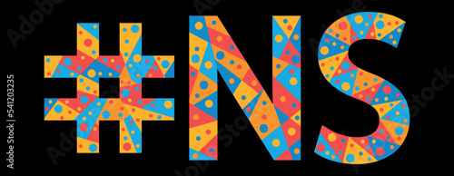 NS Hashtag. Mosaic isolated text. Letters from pieces of triangles, polygons and bubbles. #NS is abbreviation for the Canadian Nova Scotia for print, clothing, t-shirt, poster, banner, flyer. Stock ve