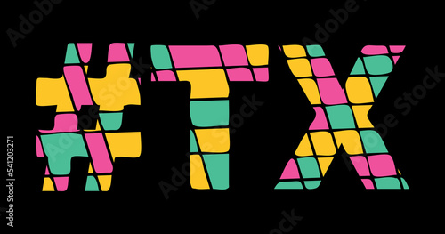 TX Hashtag. Tricolor isolated letters from contrast flowing fluid shapes. 3 colored Hashtag #TX is abbreviation for the US American state Texas for social network, web resources, mobile app