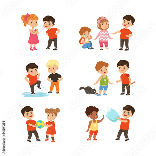 Brave Little Boy and Girl Standing Up Against Bullying and Warring Behavior Vector Set