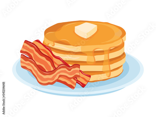 Pancakes with bacon and maple syrup icon vector. Pancakes with butter and bacon breakfast icon vector isolated on a white background