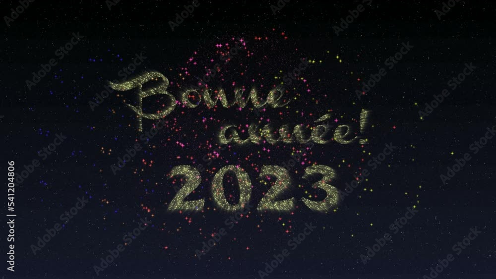Bonne Annee (Happy New Year) 2023 - Animation de feux d'artifice sur fond noir - Golden 2023 French Bonne année salutations le soir du Nouvel An