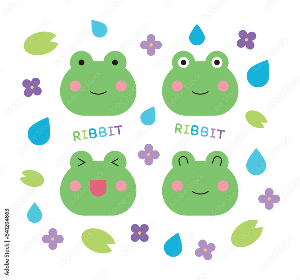 A set of cute frog character design illustrations for spring and summer season concepts. Pattern background of leaves, raindrops, rain and flowers combination. A set of cute frog character design illustrations for spring and summer season concepts. Pattern background of leaves, raindrops, rain and flowers combination.