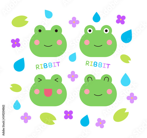 A set of cute frog character design illustrations for spring and summer season concepts. Pattern background of leaves  raindrops  rain and flowers combination.
