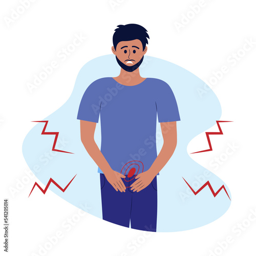 Man with pain in the lower abdomen, in bladder. Male character suffers from prostatitis, cystitis, pain in the urinary system, urinary incontinence, urethritis.