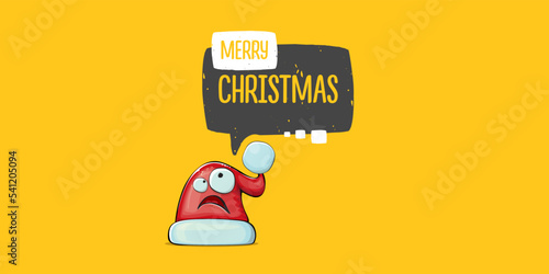 Vector cartoon Santa Claus red hat with smile face isolated on orange horizontal bannner background. Merry Christmas greeting banner with funny monster Santa Claus hat. Santa hat