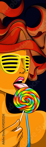 Woman with sunglasses licking lollipop candy