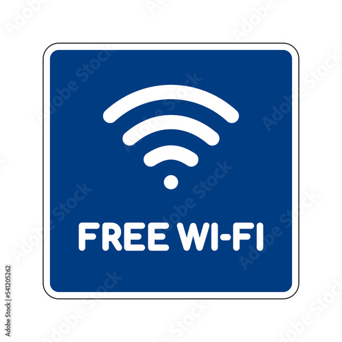 Blue square sign Free Wi-Fi, vector illustration with text and emblem of wireless network.