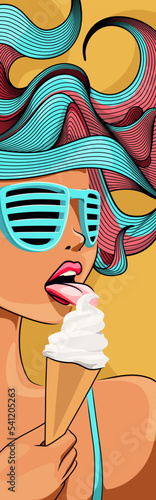 Woman with sunglasses licking ice cream