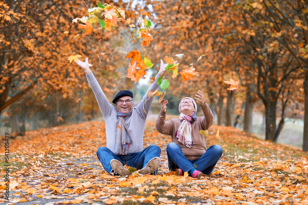 Senioren glücklich im Herbst - obrazy, fototapety, plakaty 
