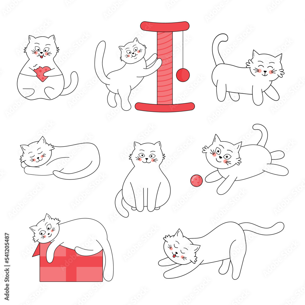 Cute white cats with black outline. Kawaii fat cats in funny poses. Cute white cats with black outline. Kawaii fat cats in funny poses.