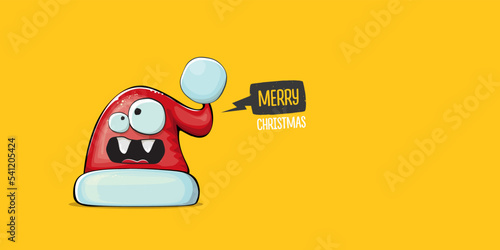 Vector cartoon Santa Claus red hat with smile face isolated on orange horizontal bannner background. Merry Christmas greeting banner with funny monster Santa Claus hat. Santa hat