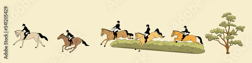 Group of riders during a horse hunting, simple vector illustration