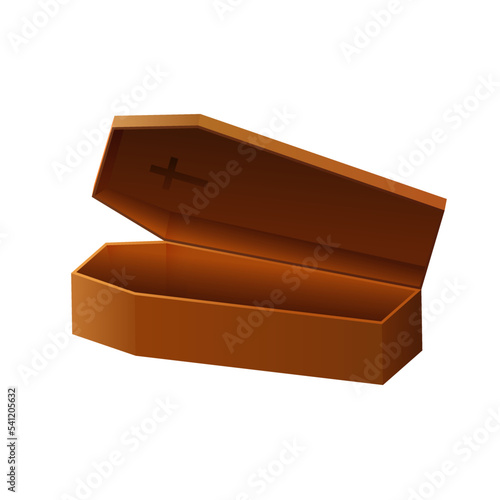 Open wooden coffin with lid. Brown burial box for burial of dead in cemetery according to religious custom and creepy bedroom for vector vampires