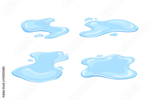Blue water puddles set. Aqua splashes of spilled liquid with elements of drops and flowing geometric vector shapes