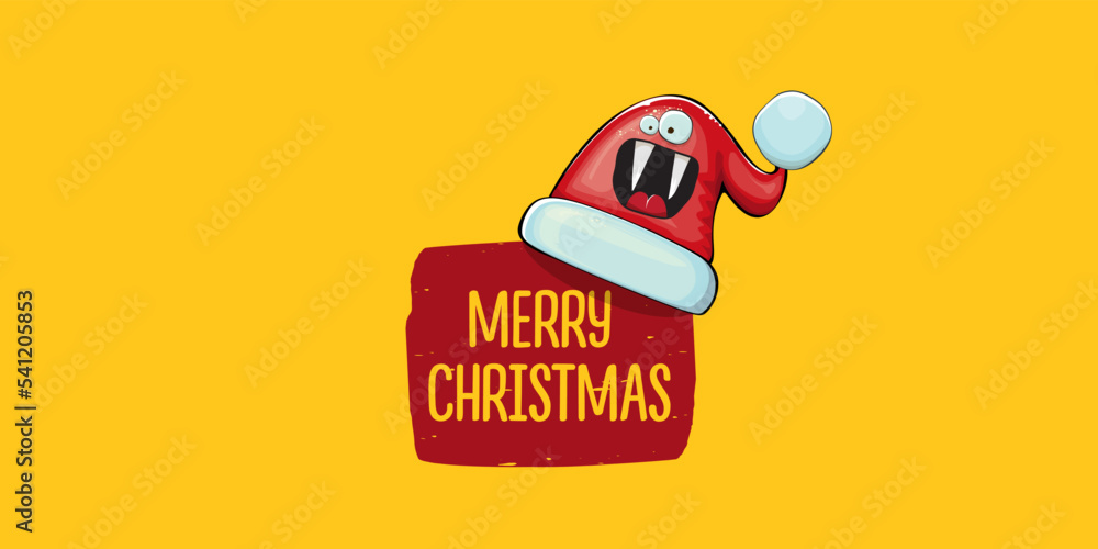 Vector cartoon Santa Claus red hat with smile face isolated on orange horizontal bannner background. Merry Christmas greeting banner with funny monster Santa Claus hat. Santa hat