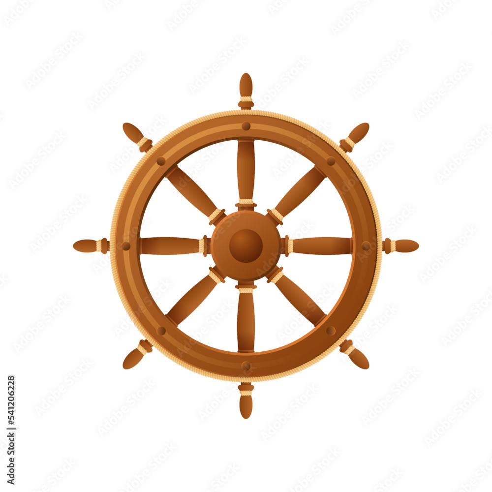 Wooden ships steering wheel. Round brown vintage ship control device with scroll knobs vector hands