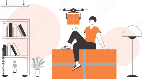 A man delivers a package by drone. The concept of cargo delivery by air. Linear trendy style.