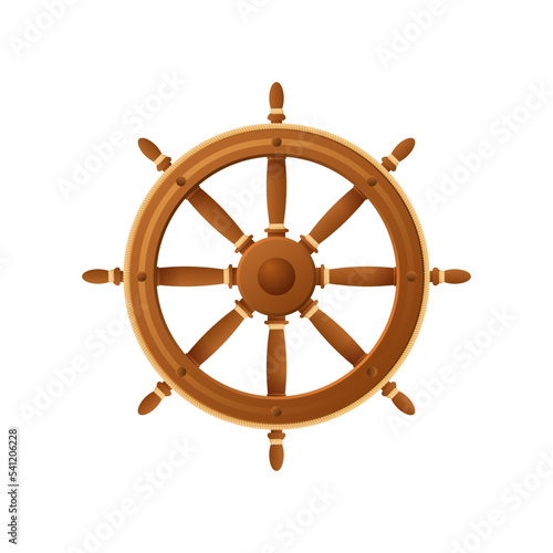 Wooden ships steering wheel. Round brown vintage ship control device with scroll knobs vector hands