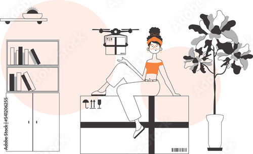 A woman delivers a package with a drone. Air delivery concept. Linear trendy style. © Javvani