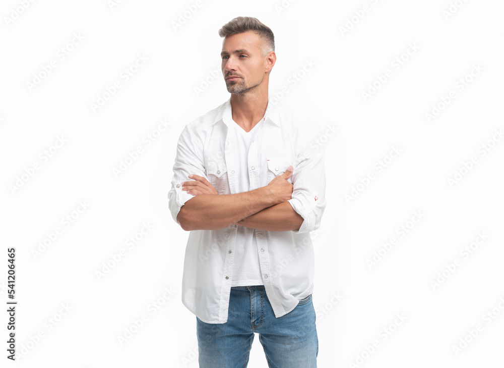 charismatic mature grizzled man isolated on white background. grizzled man in white shirt charismatic mature grizzled man isolated on white background. grizzled man in white shirt