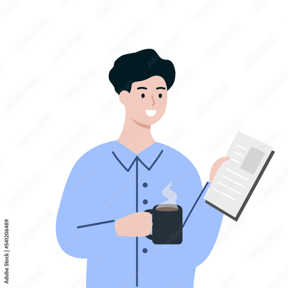 Man holding hot coffee and newspaper in the morning. Leisure, relaxed daily lifestyle concept. Flat cartoon character vector design illustration isolated on white background. Man holding hot coffee and newspaper in the morning. Leisure, relaxed daily lifestyle concept. Flat cartoon character vector design illustration isolated on white background.