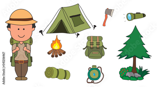 Set of camping supplies. Cute little kid is camping into the wild. Children adventure camping tools and equipments. Vector illustration in a flat style on a white background. All objects are isolated