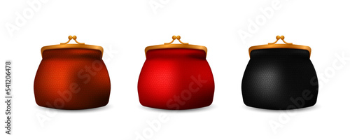 Black and red retro wallet. Money item for storing and carrying cash with gold plated closure shackles as vintage financial vector economy symbol