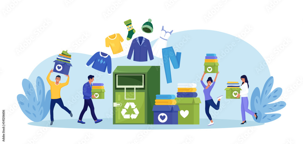 Recycling clothes. Clothing falls into container with recycling symbol. People put garment in bin to create eco-friendly textile. Sustainable eco fashion, clothes donation. Charity, humanitarian aid