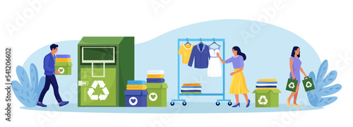 Fabric and textile recycling. People donating used clothes for recycle, create eco-friendly sustainable fashion. Man throwing clothing in donating container, buying new ones. Humanitarian aid, charity