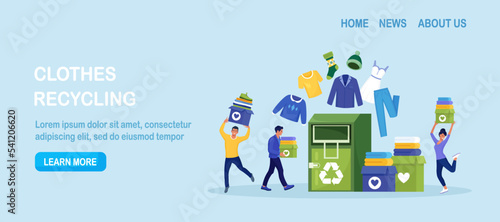 Recycling clothes. Clothing falls into container with recycling symbol. People put garment in bin to create eco-friendly textile. Sustainable eco fashion, clothes donation. Charity, humanitarian aid