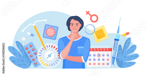 Woman thinking about suitable method of female contraception. Protection against sexually transmitted diseases, pregnancy. Birth control methods. Oral hormonal contraceptives, condoms. Sexual health