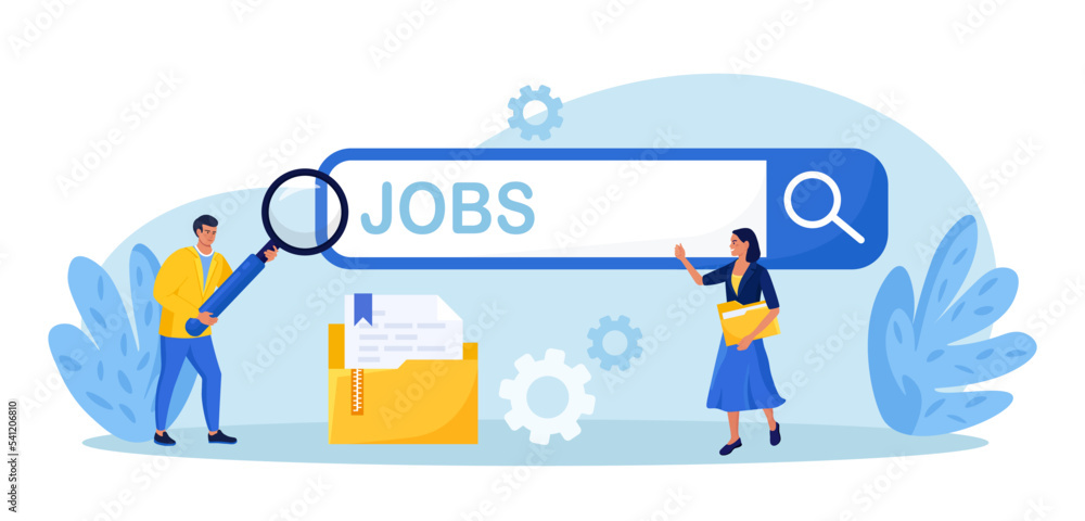 Employees looking for job. Unemployed people using magnifying glass searching vacancy on the search bar. Unemployment. Career, find opportunity, work position. Online recruitment service Employees looking for job. Unemployed people using magnifying glass searching vacancy on the search bar. Unemployment. Career, find opportunity, work position. Online recruitment service