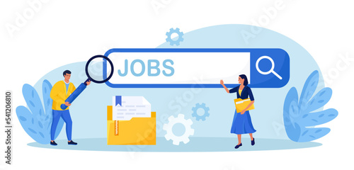 Employees looking for job. Unemployed people using magnifying glass searching vacancy on the search bar. Unemployment. Career, find opportunity, work position. Online recruitment service