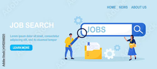 Employees looking for job. Unemployed people using magnifying glass searching vacancy on the search bar. Unemployment. Career, find opportunity, work position. Online recruitment service