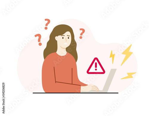 Confused Woman working with Broken Laptop. Girl tried to fix the computer with technical error problem. Website Maintenance, technology, failure concept. Flat cartoon vector design illustration.