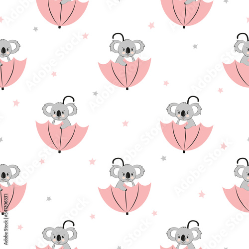 Cute koala bear with umbrella seamless pattern. Vector illustration for kids.