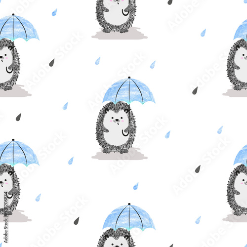 Cute hedgehog with umbrella seamless pattern. Nursery design, baby print. Vector rain illustration.