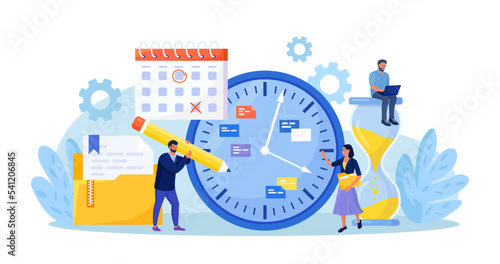 Effective time management. Business organization efficiency. Schedule job project team. Projects and deadlines. Clock, watch, agenda, schedule as productivity symbol. Work planning. Company strategy