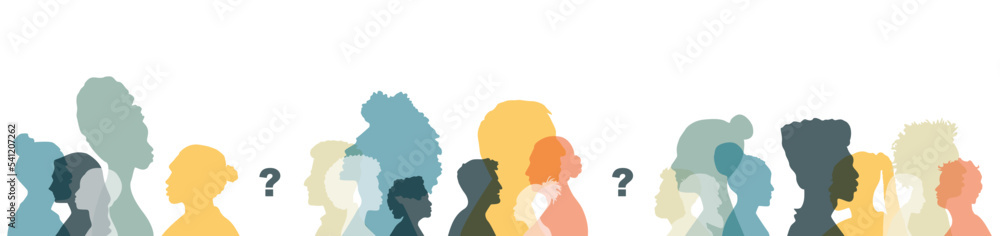 Silhouette of different people with question mark. Modern concept. Flat vector illustration.