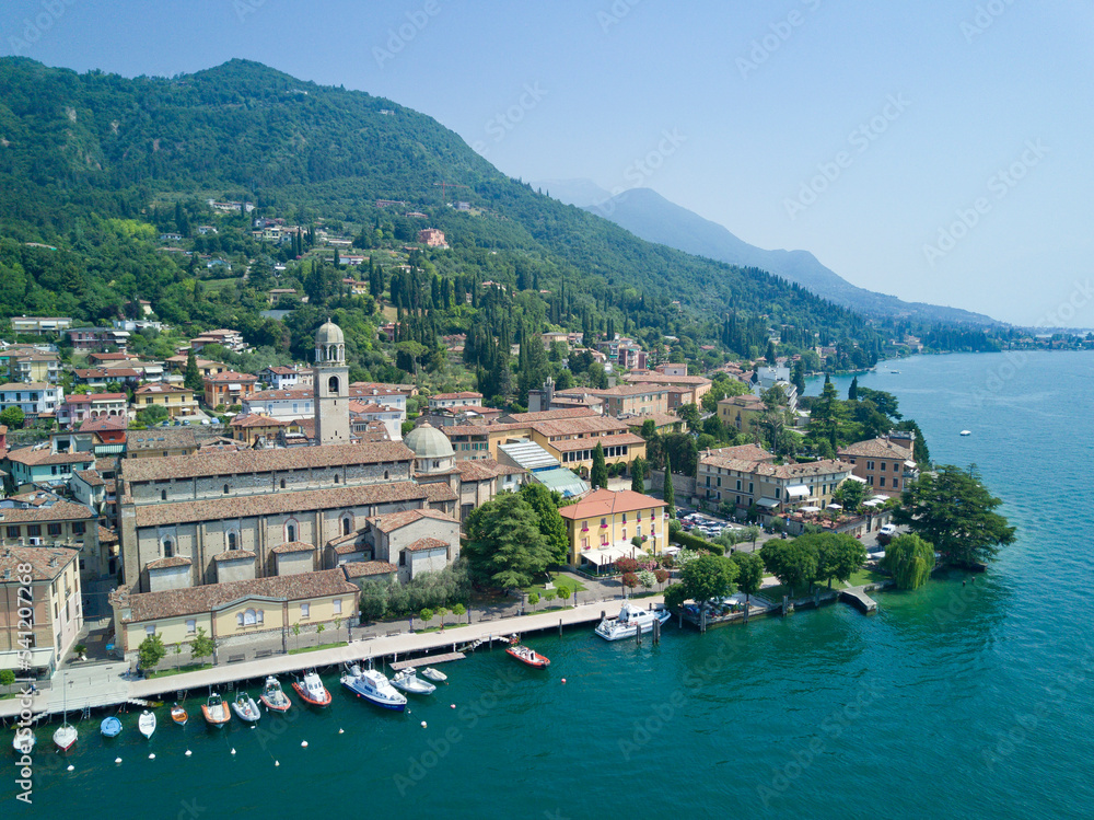 Aerial video shooting with drone on Salò, famous Lombardia city on the Garda Lake