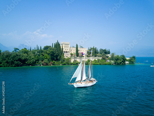 Aerial video shooting with drone on Salò, famous Lombardia city on the Garda Lake