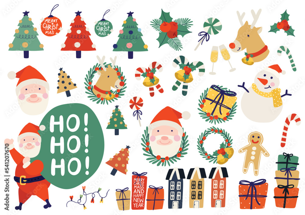 cute handraw christmas  elements design cute charactor santa and others elements 