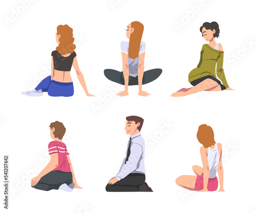 Man and Woman with Bended Knees Sitting on the Floor Feeling Calm Vector Set